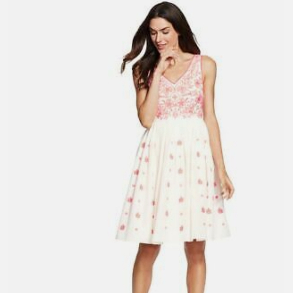 Boden Embroidered Sleeveless Dress Neon Pink and Cream/White US 10R